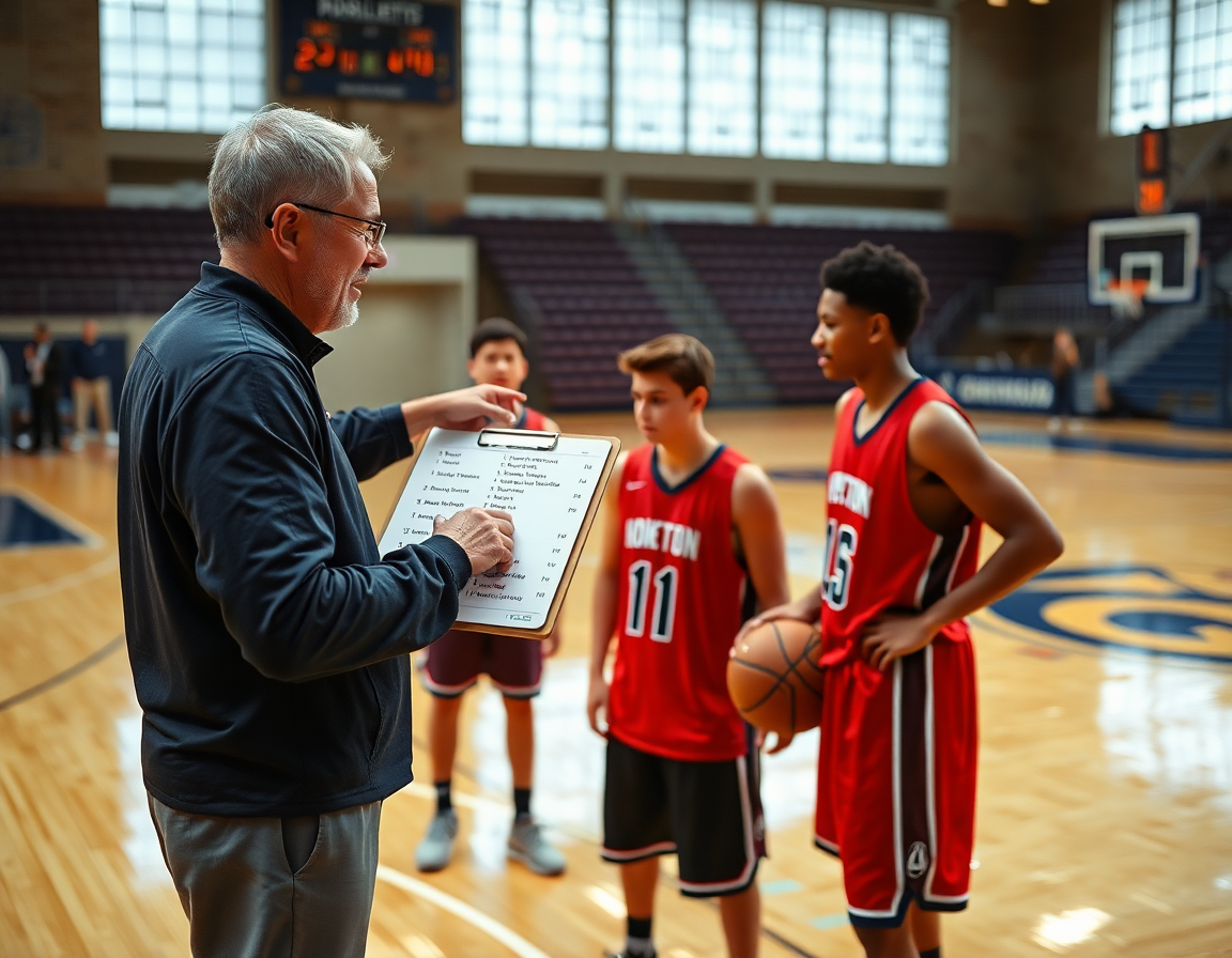 Coach points to a clipboard while players drill basketball plays on the basketball court.