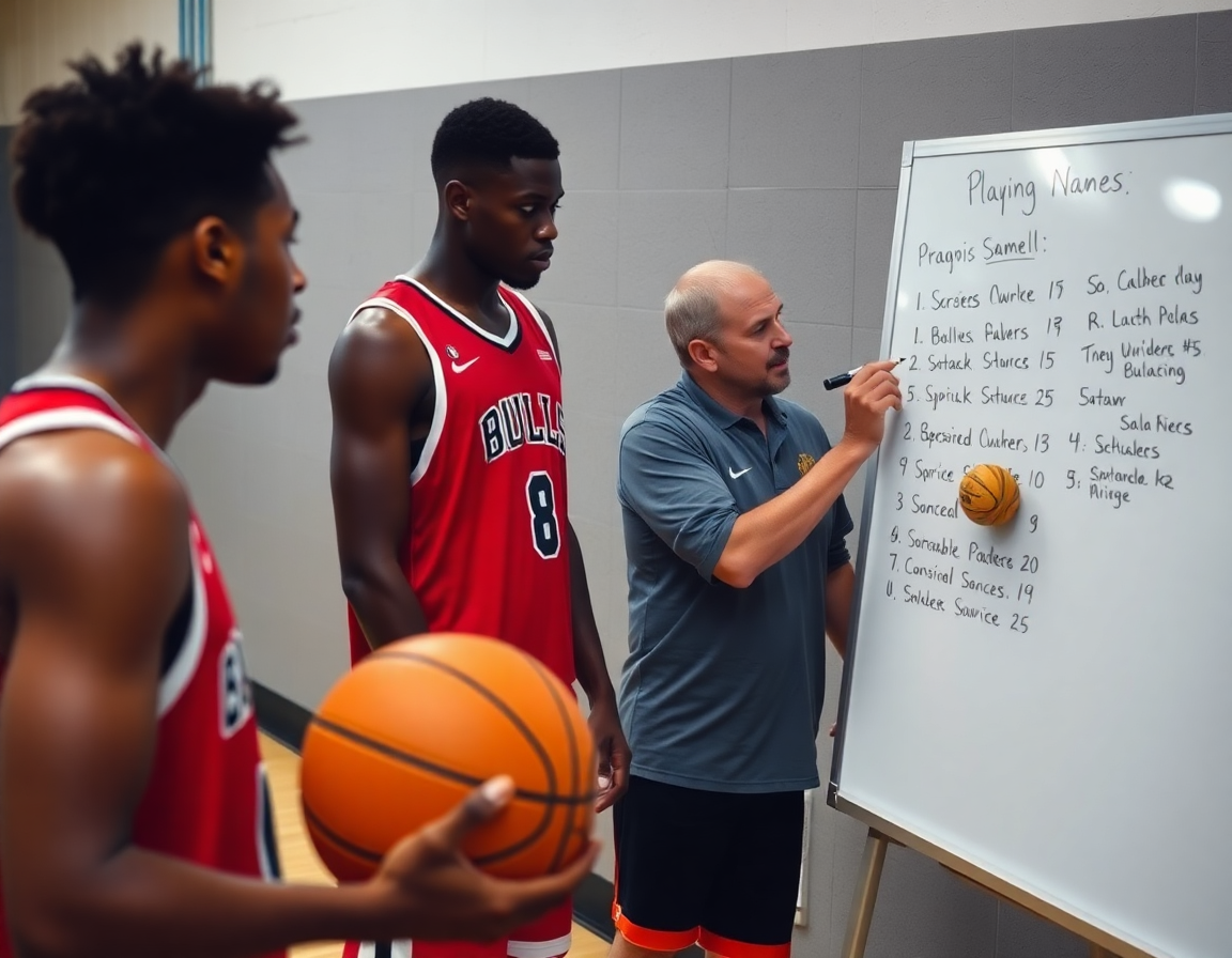 Two players drill as a coach writes basketball play names on a whiteboard; orange basketball nearby.