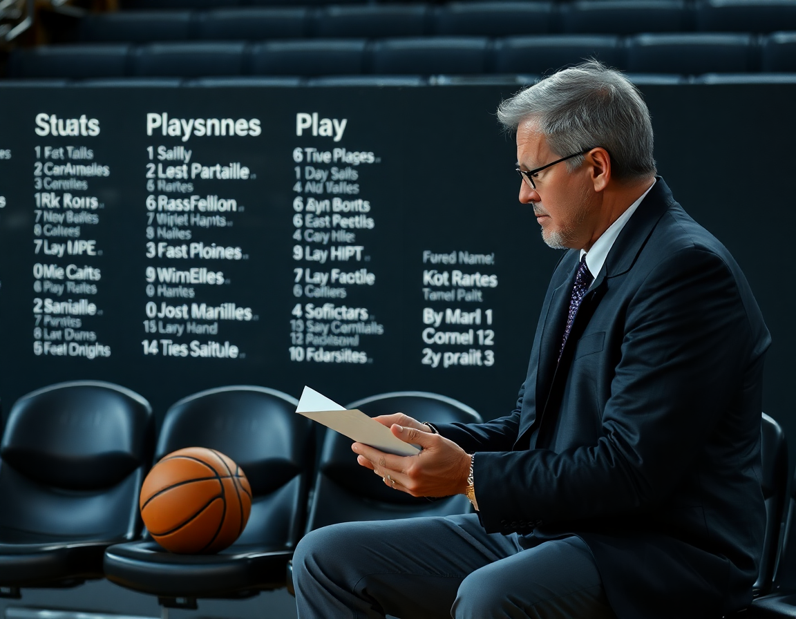 Assistant coach reviews scouting notes as basketball play names appear on a bench, basketball nearby.