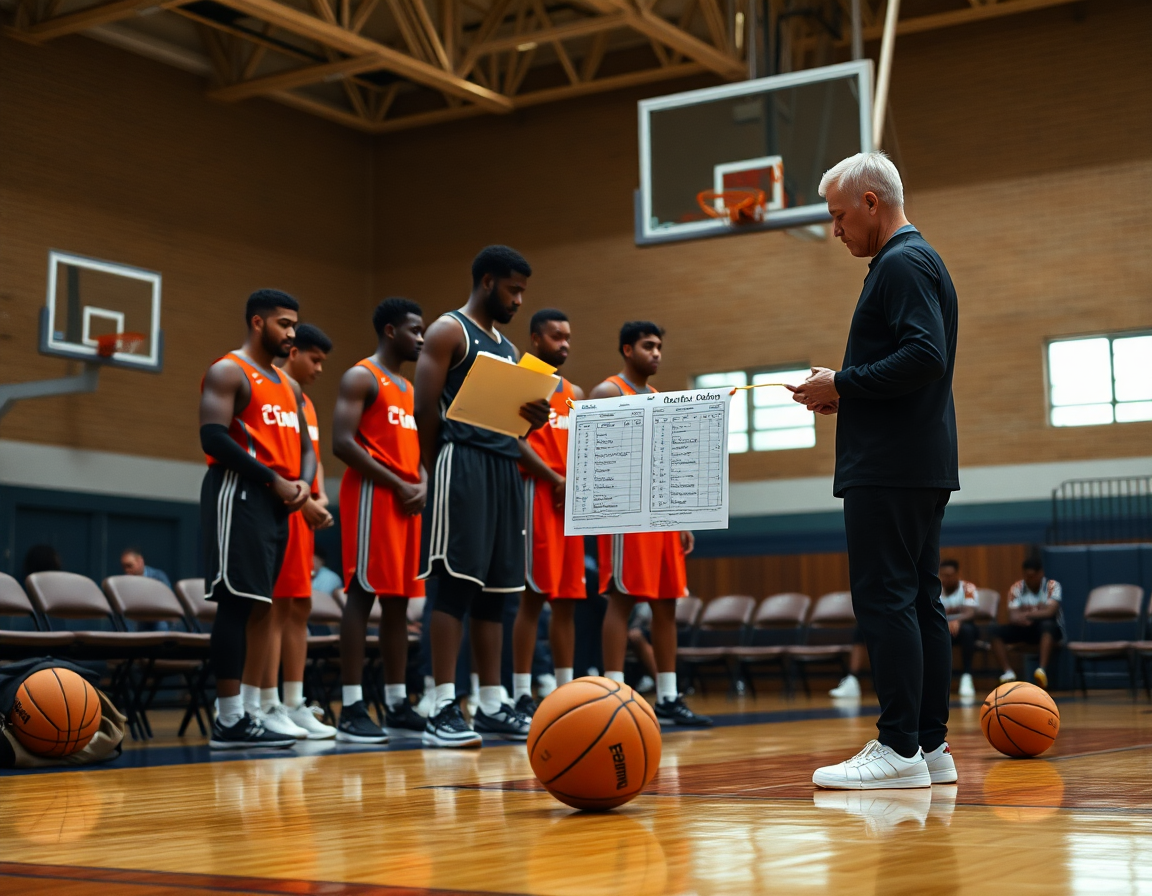 Coach studies basketball play sheets with notes on a tablet and printed pages for rotations.