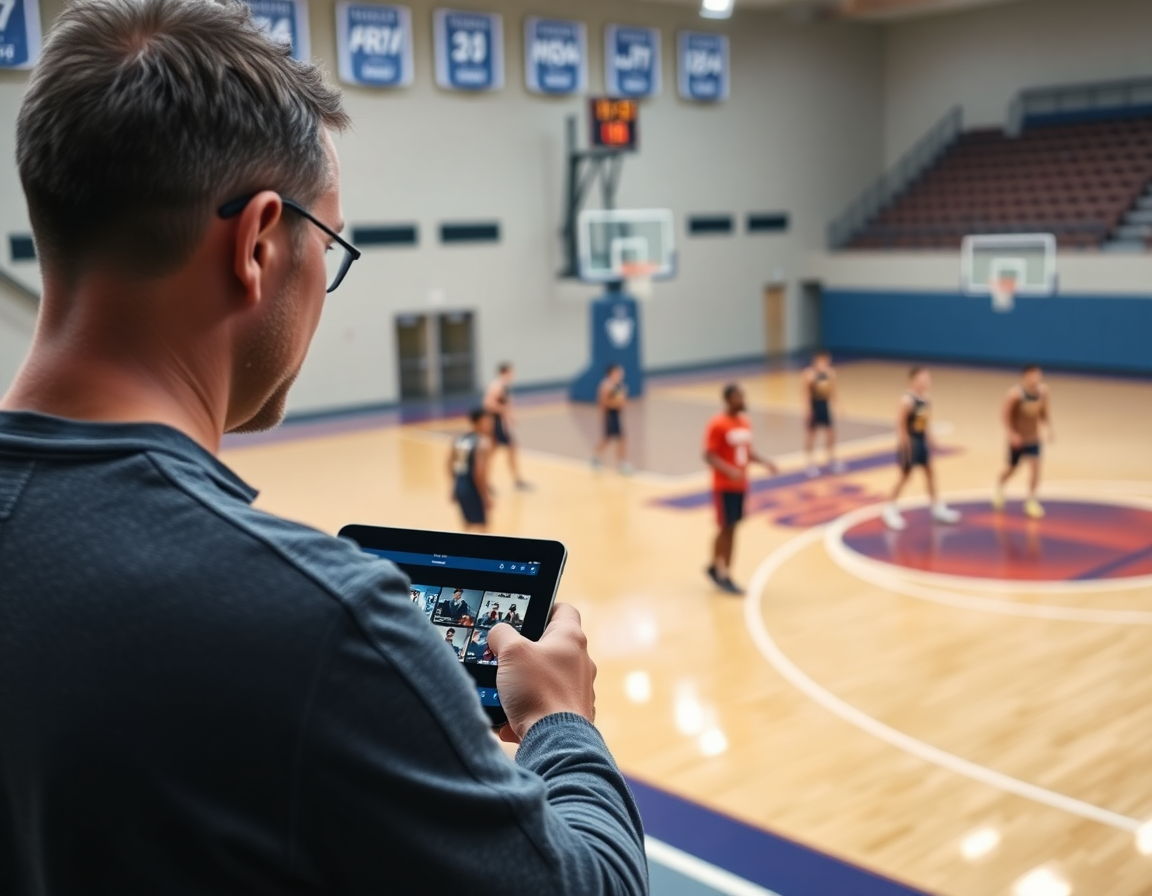 On-court action with a tablet showing basketball playbook app guides players through the clip playlist.