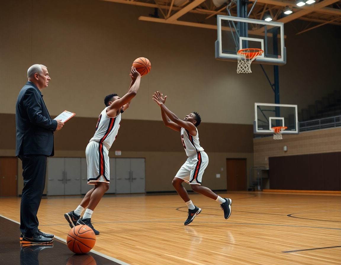 Two players perform a top-key basketball pass as the coach observes with a clipboard.