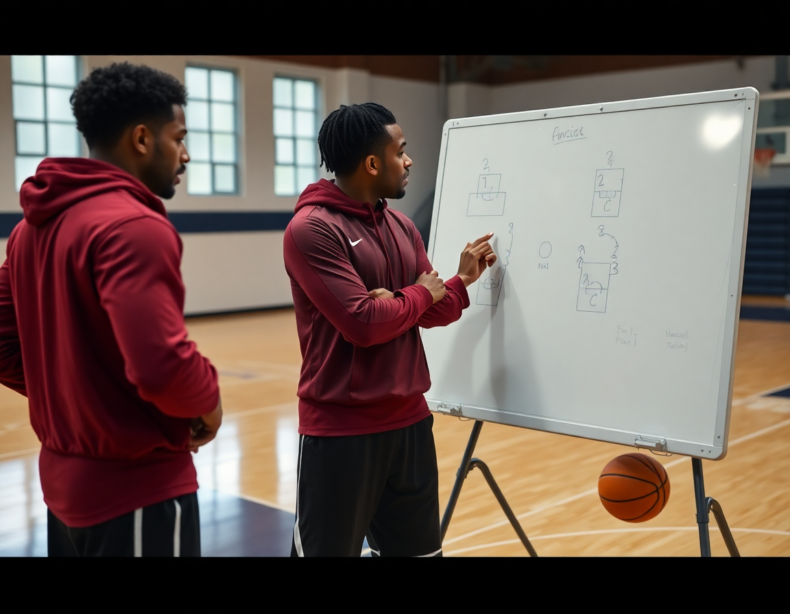 Coach sketches basketball plays on a whiteboard beside an open basketball playbook while players watch.