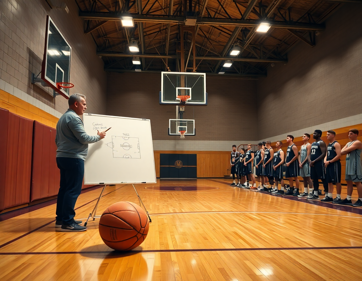 Close-up of hands and a basketball as a coach reviews a basketball player profile template.