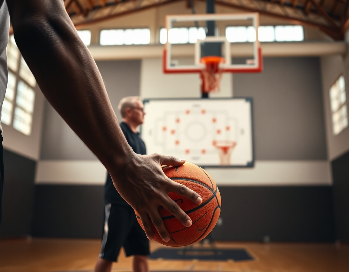 Close-up on a player's hands gripping an orange basketball during a basketball drill.