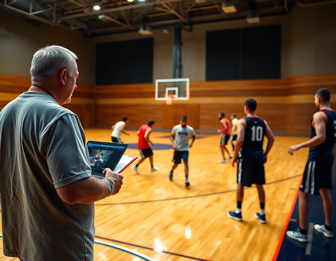 Close-up of a basketball player scouting report on a clipboard during a drill on hardwood basketball court.