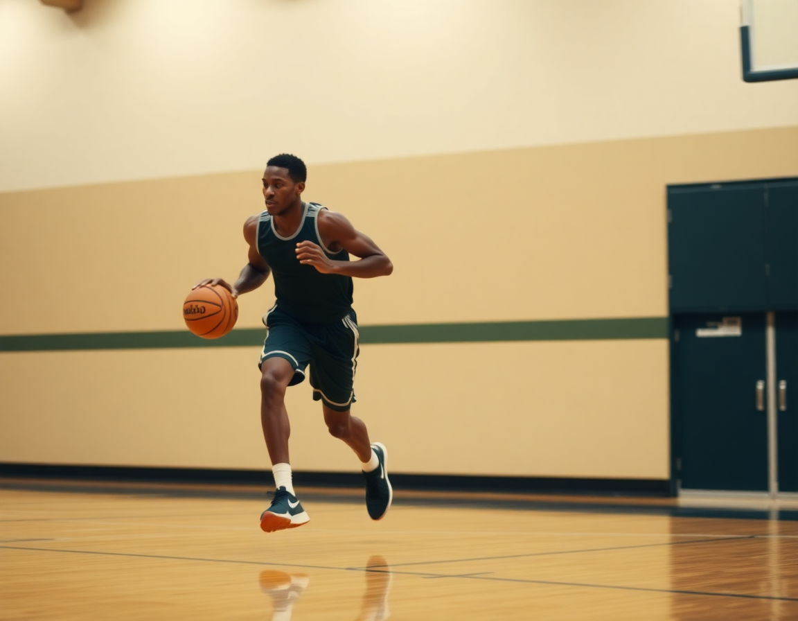 Players running a fast-break drill in practice