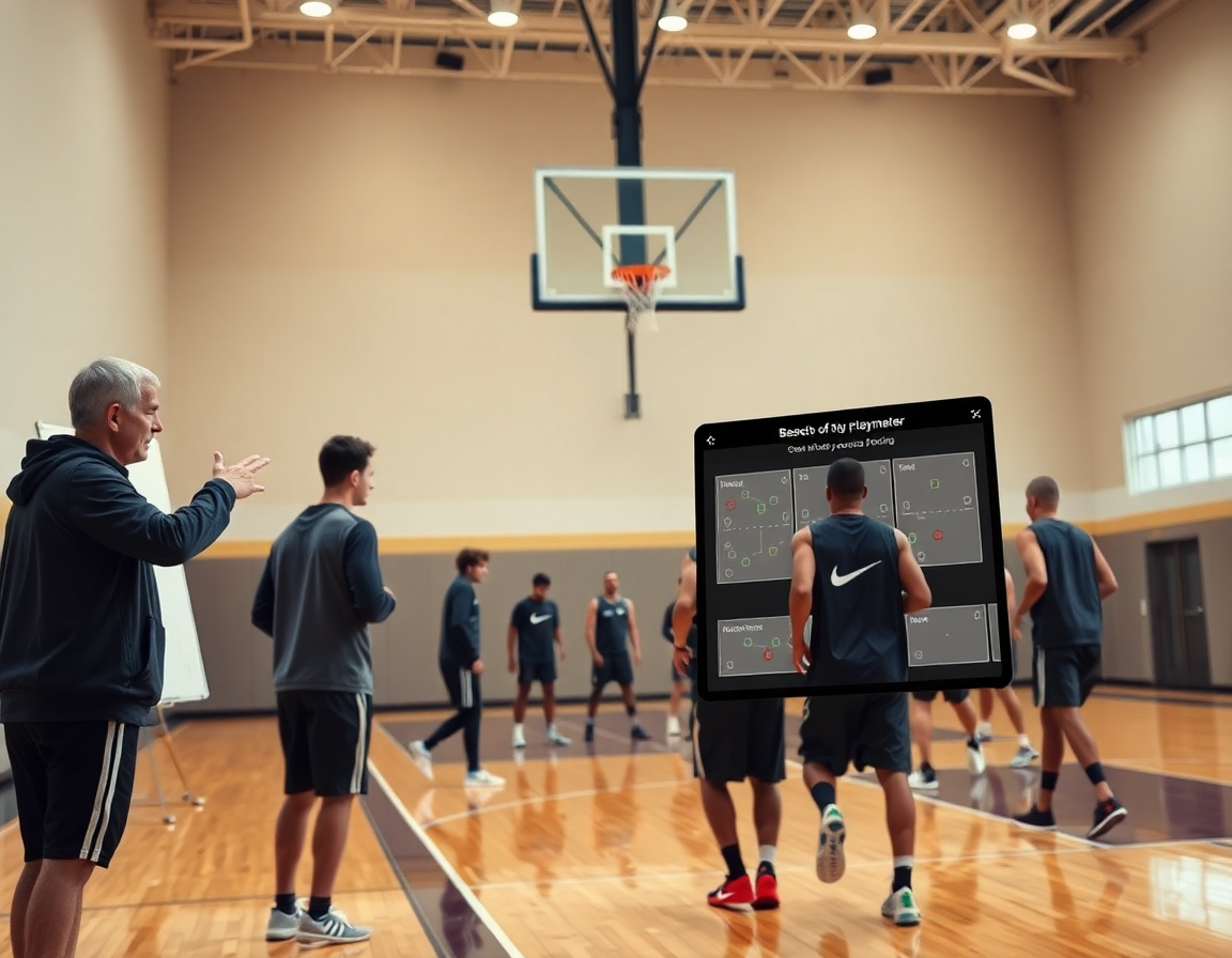 Wide-angle basketball gym scene with coach planning a play near the whiteboard and hoop.