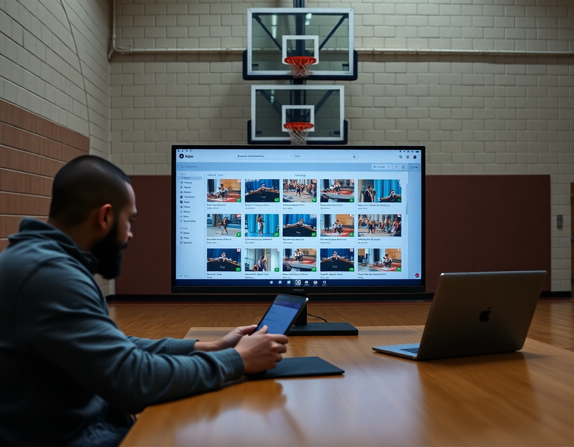 Staff organizes basketball video clips for players and assistants on a table in the gym.