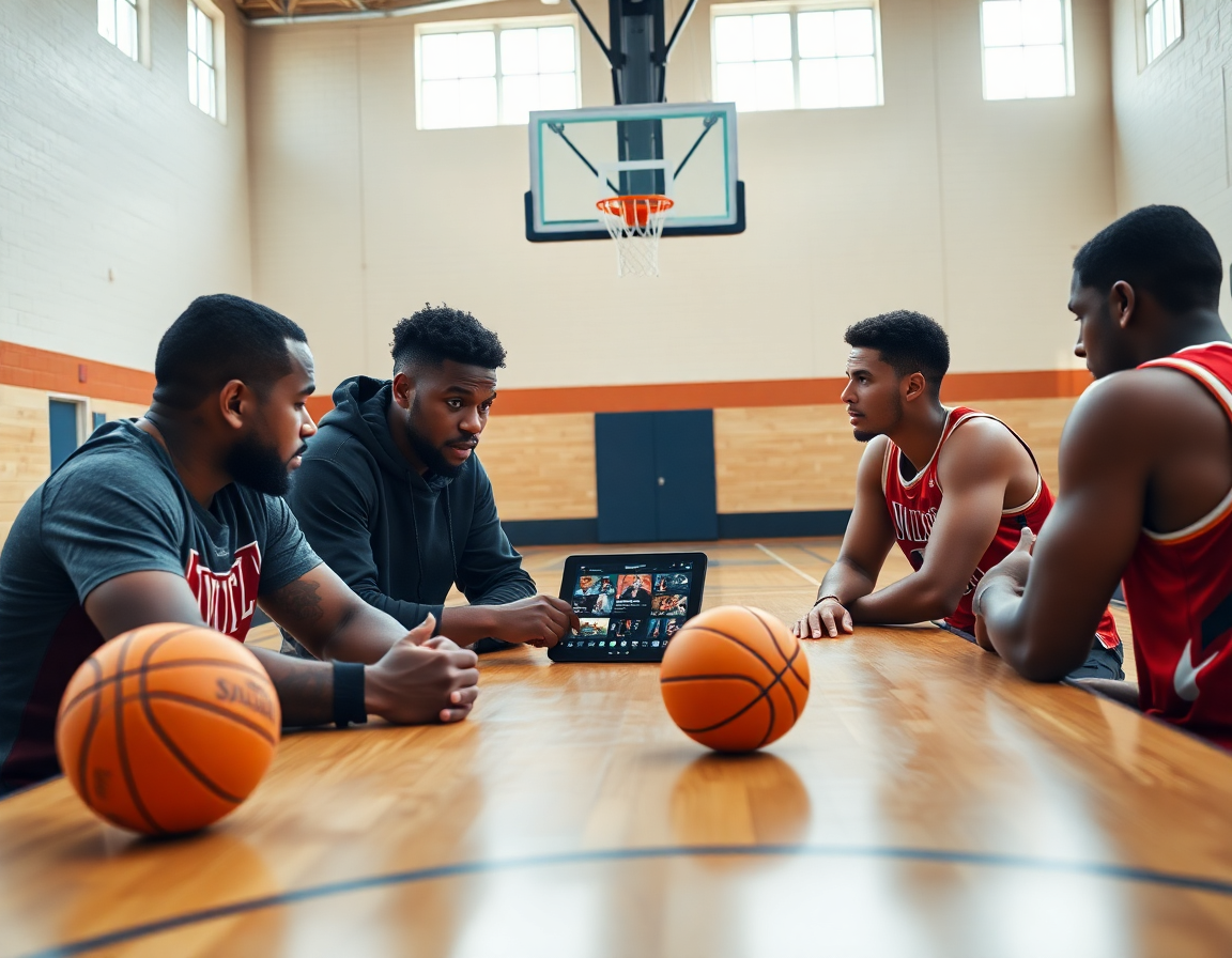 Coach and players review a basketball playlist on a tablet in a gym.