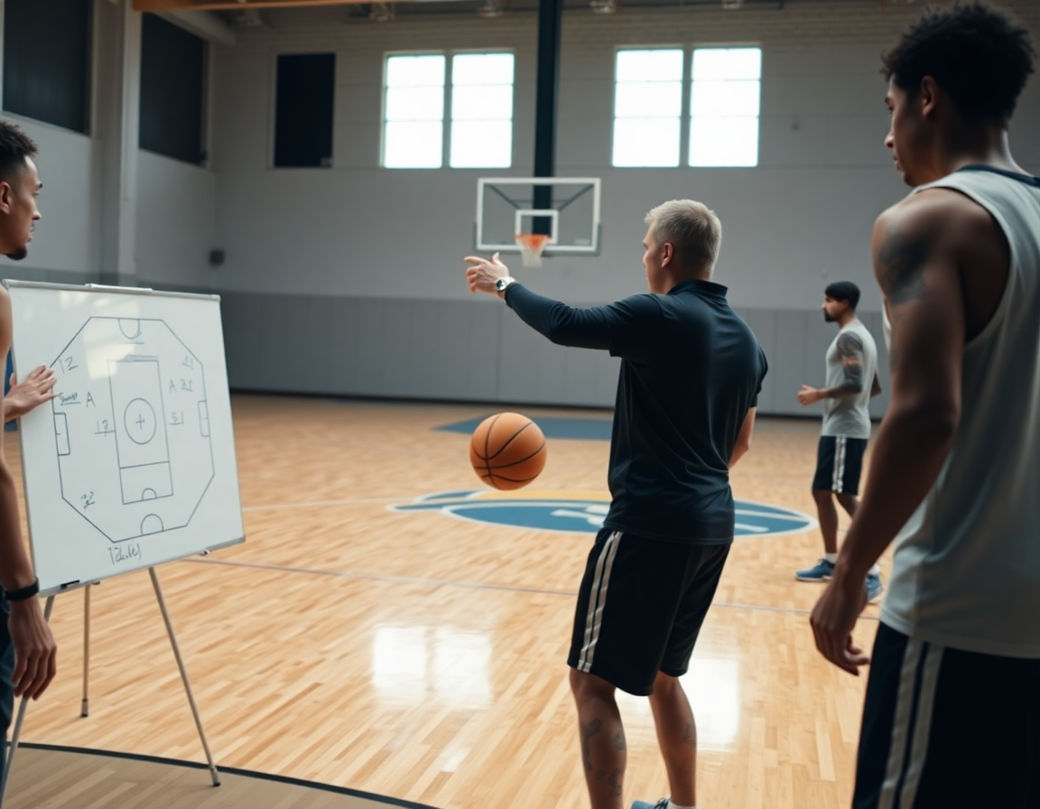 Coach maps zone attack on hardwood basketball court during basketball plays against zone.