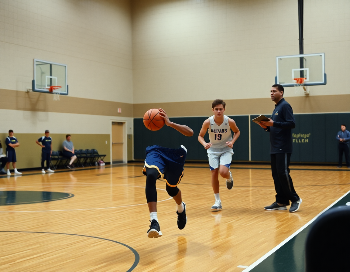 Two players drill skip-pass against zone on the hardwood basketball court, basketball plays against zone.
