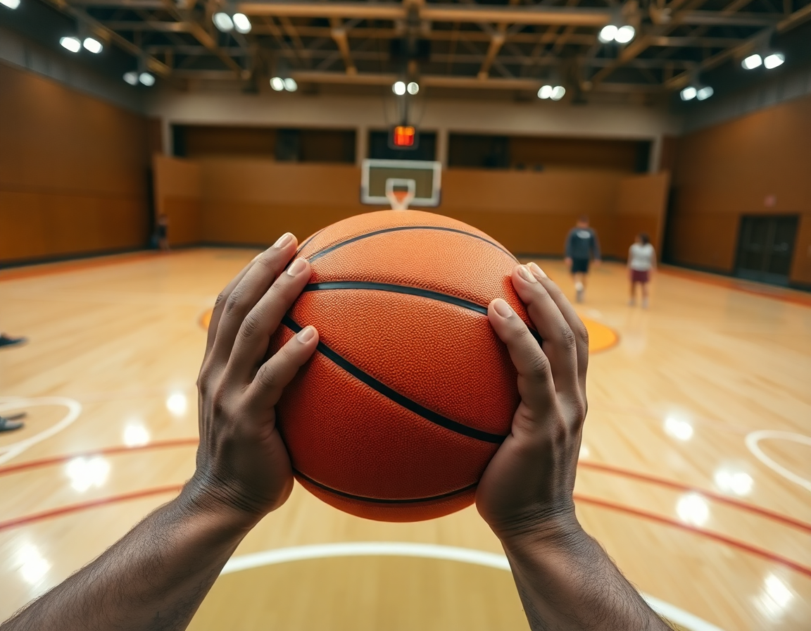 Close-up of hands with basketball plays against zone developing on the hardwood court.