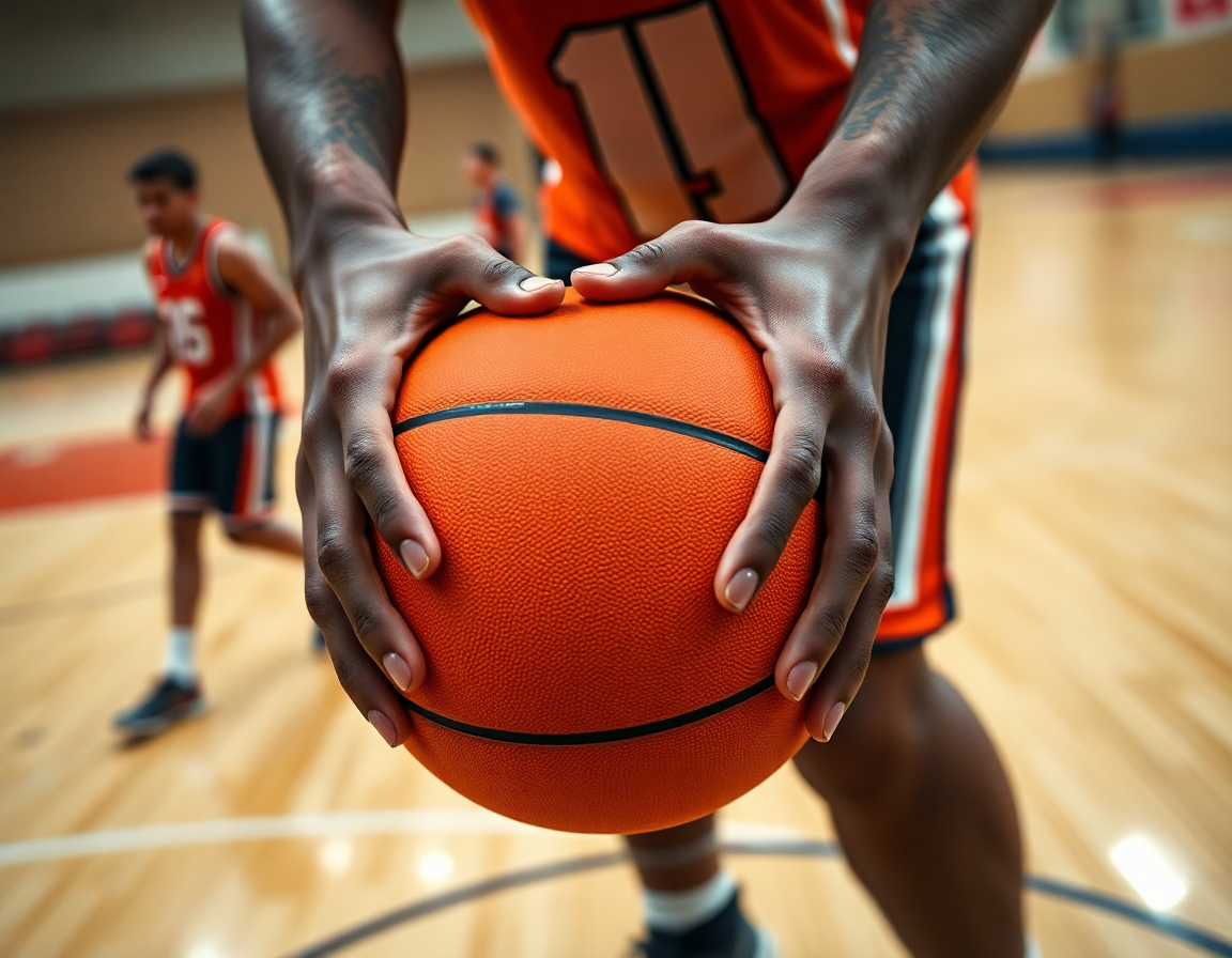 Close-up of hands gripping a bright orange basketball during basketball plays defense on the hardwood court.