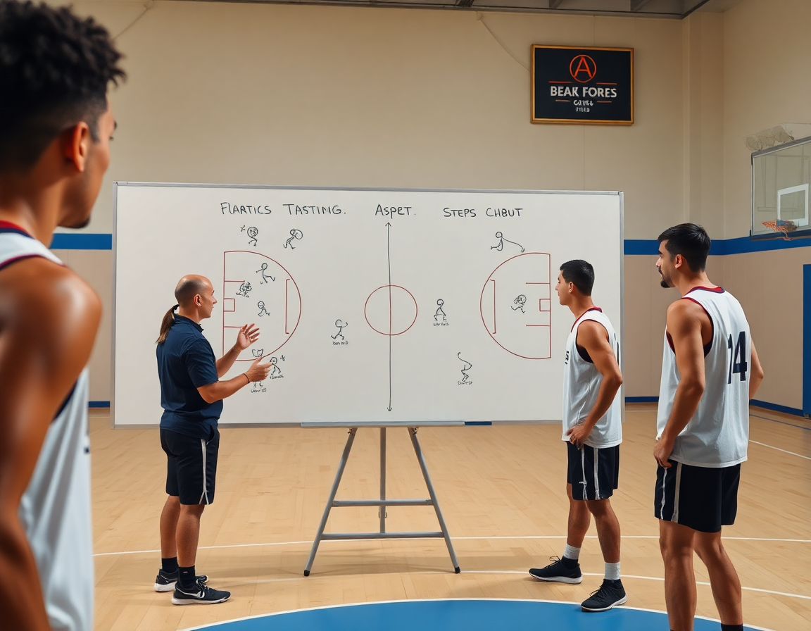 Coach at whiteboard describing basketball defensive positions while players practice basketball slide steps.
