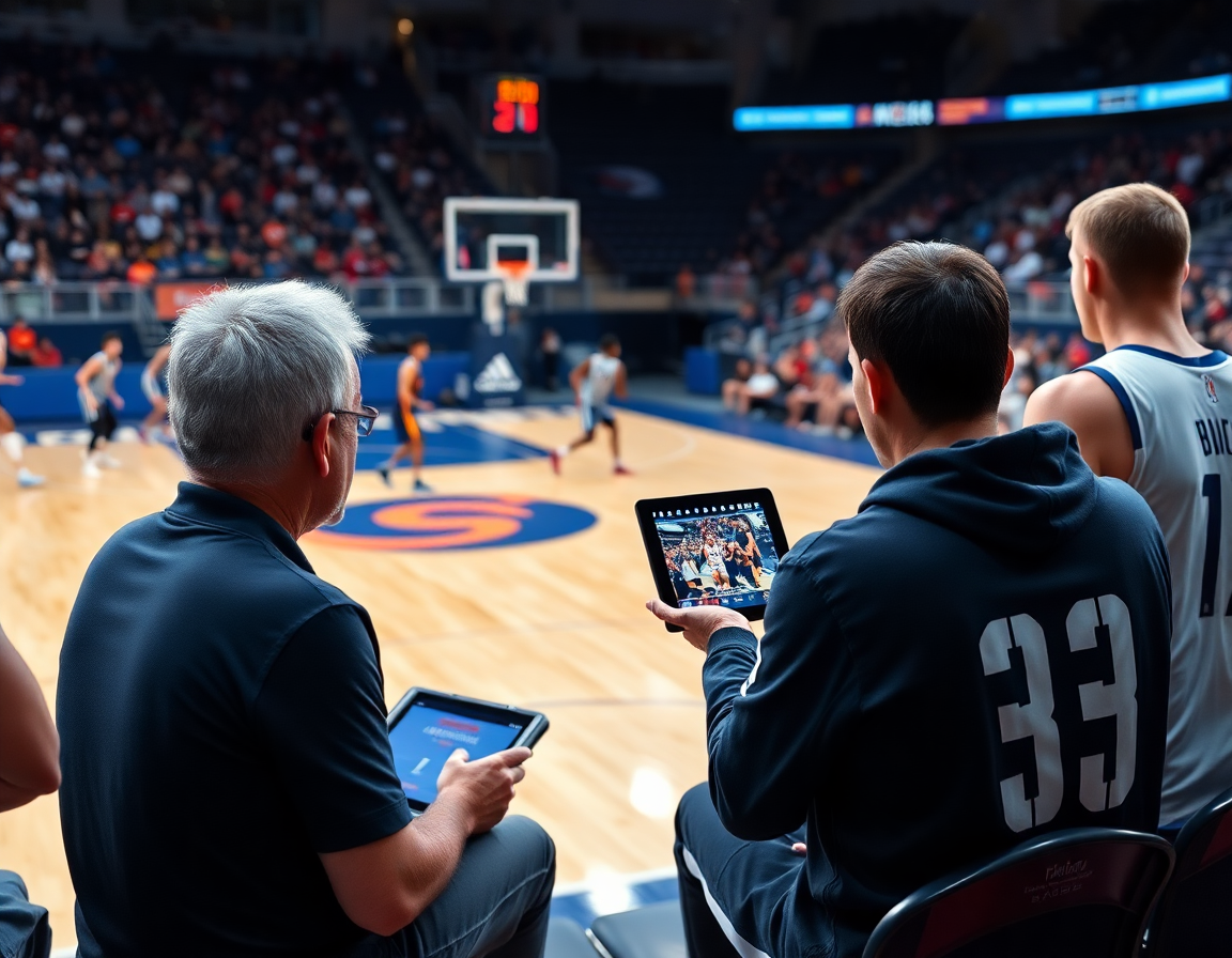 Courtside, a coach shows a scouting clip on a tablet as players watch basketball plays defense on hardwood.