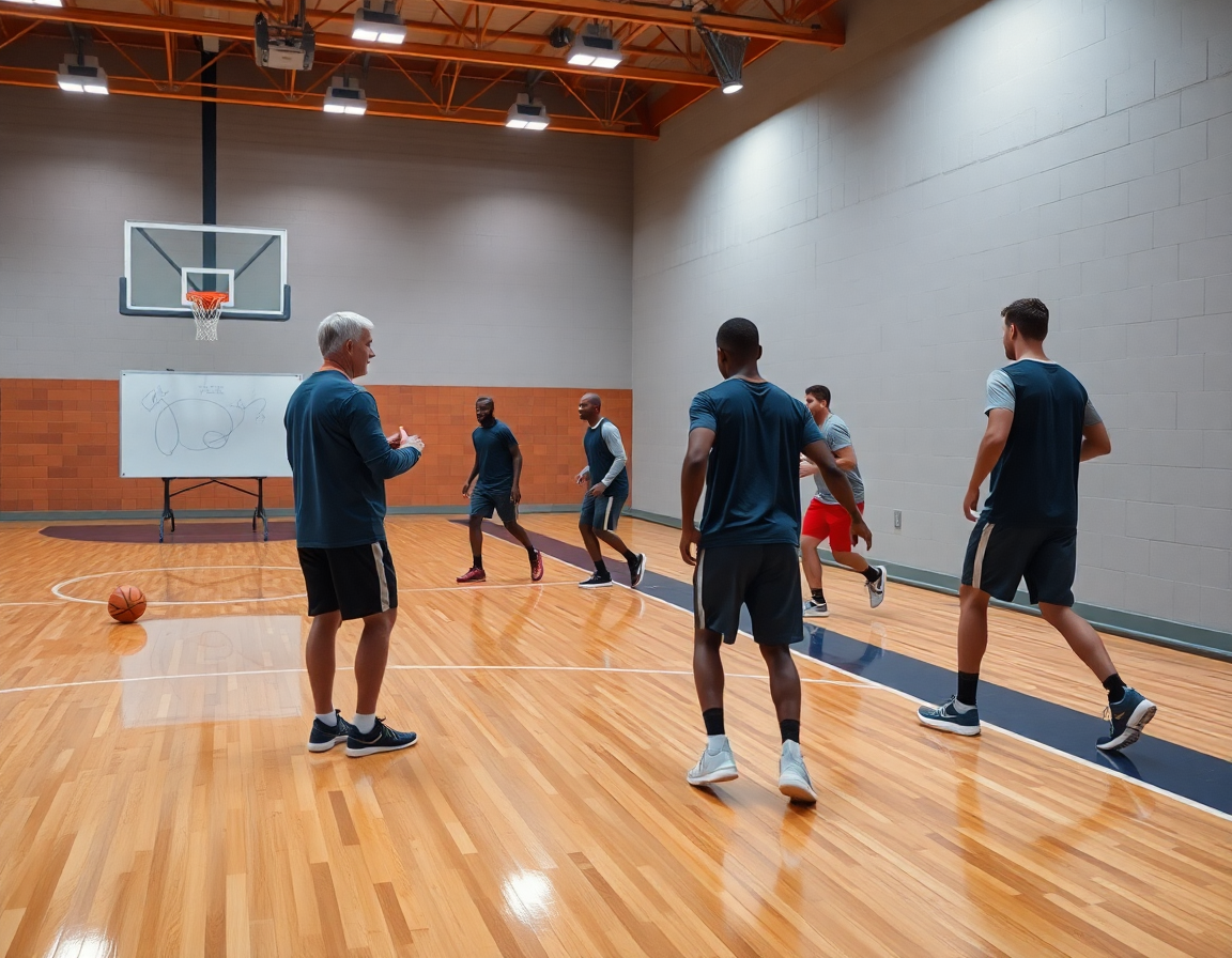 Coach uses a whiteboard to map basketball plays offense for the team during practice.