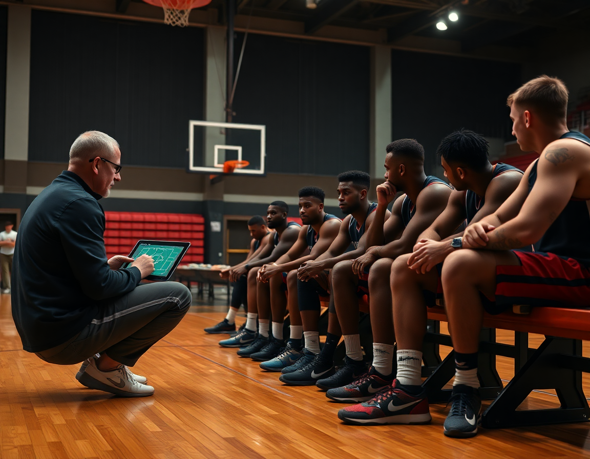 Coach reviews basketball video clips on a tablet as players watch intently during practice.
