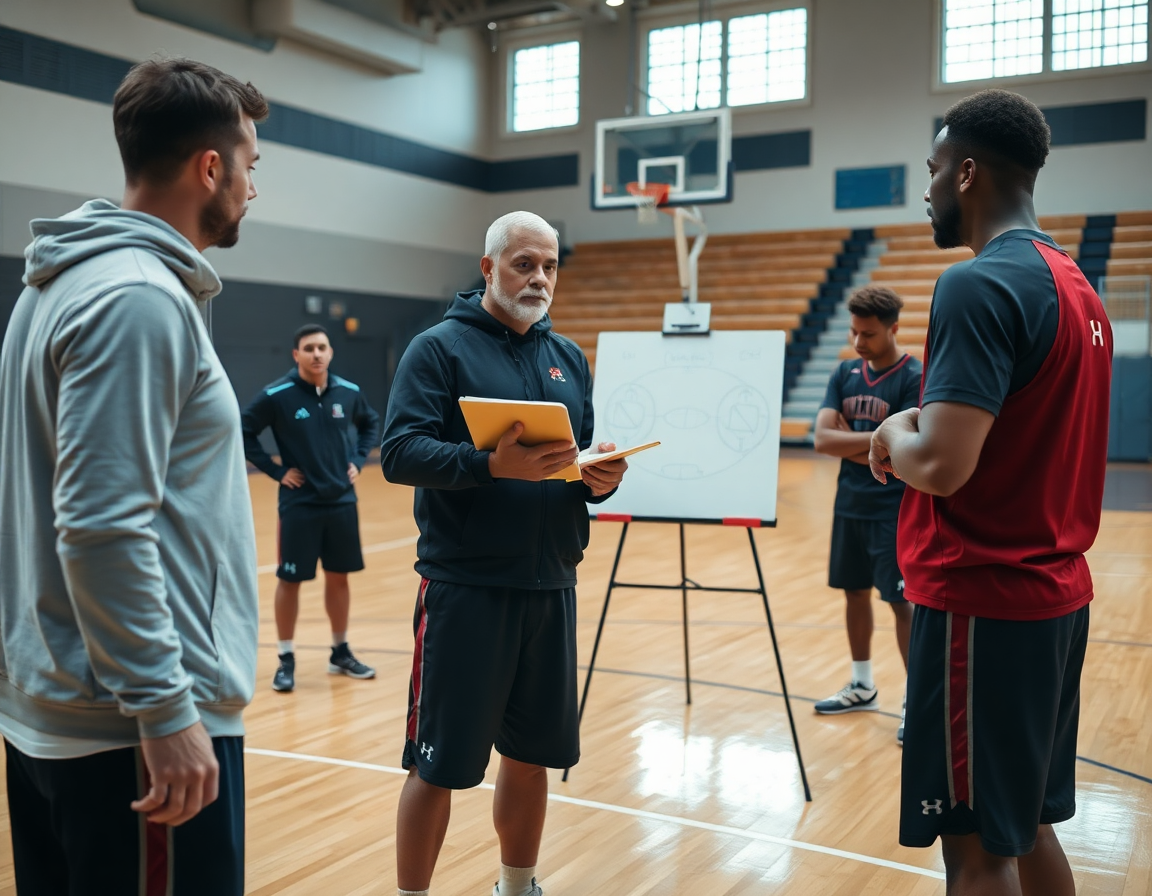 Coach studies scouting notes and whiteboard drawings to tailor basketball plays offense.