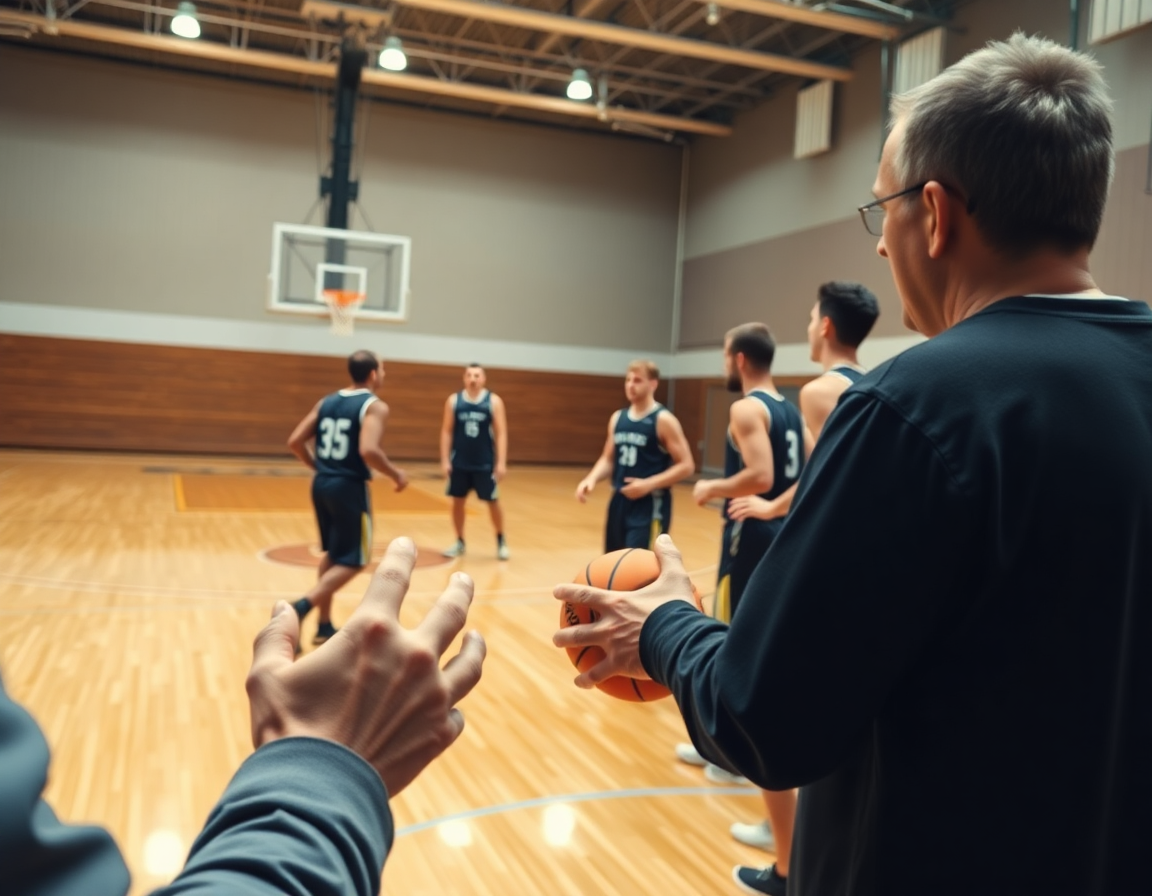 Close-up of hands guiding basketball plays pdf as the coach explains the drill to players.