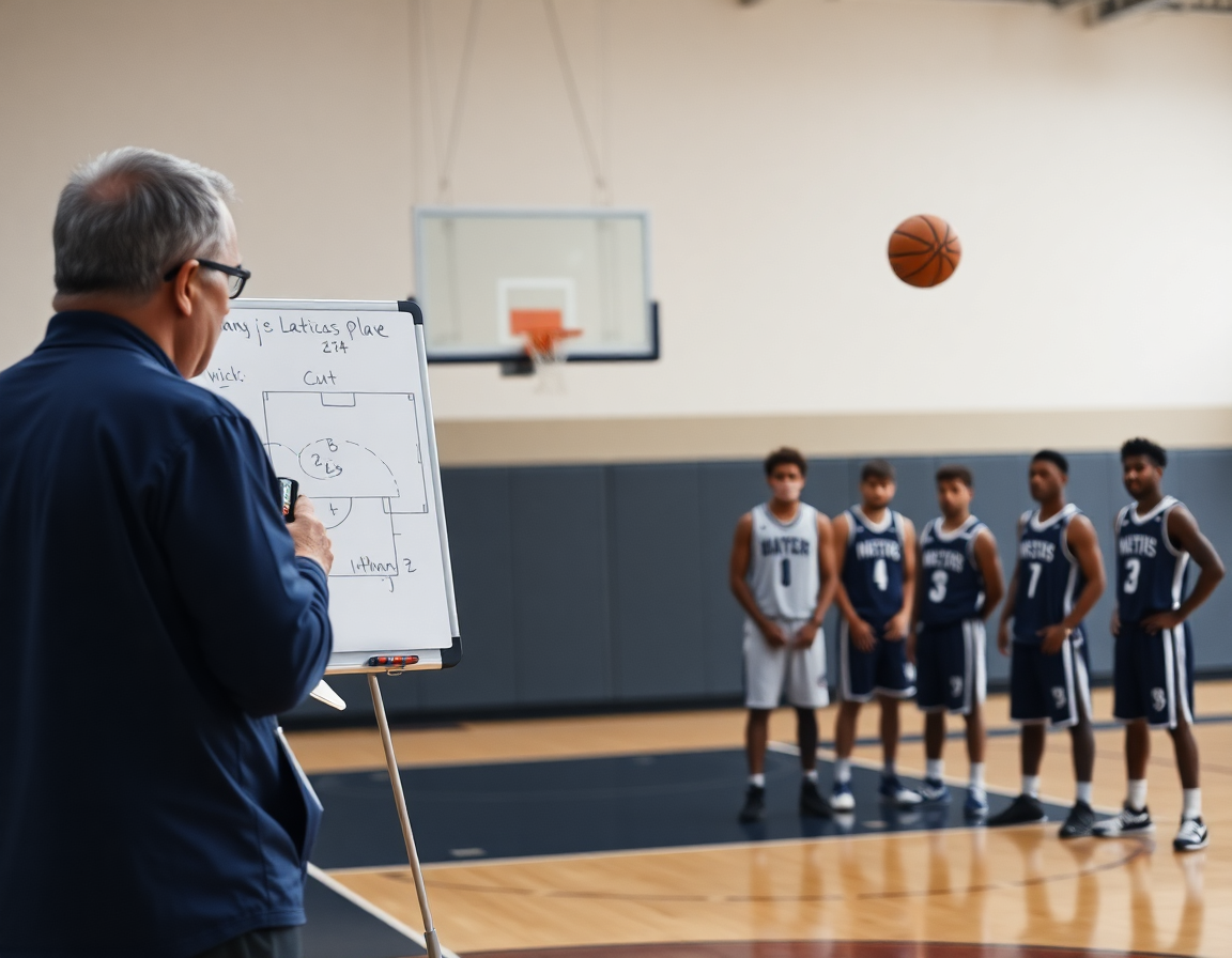 Inbound basketball play pdf diagram beside sideline, players ready, gym lights overhead bright.