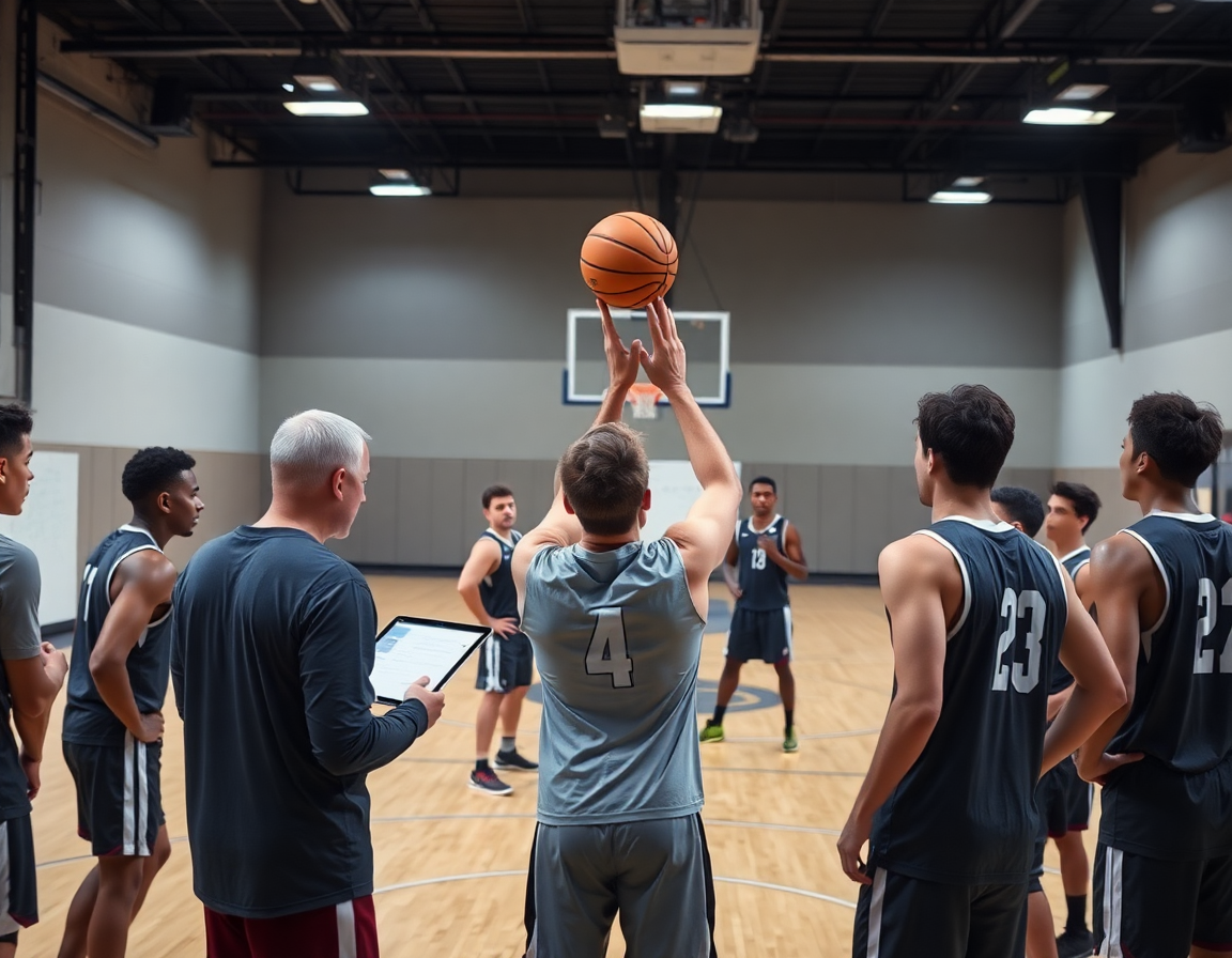 Scouting notes on tablet guide basketball plays pdf as players practice near half-court.