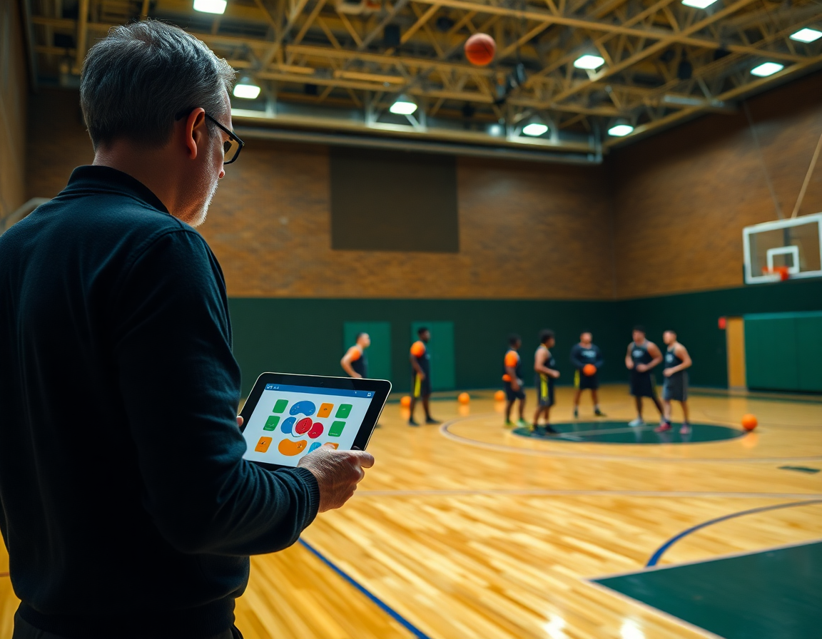 Coach uses a tablet to map plays on the basketball court during a drill.