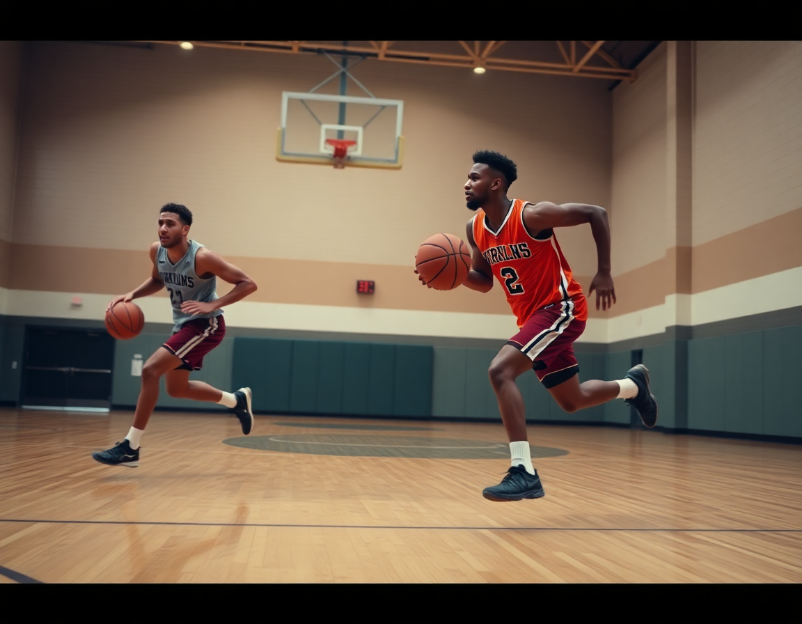 Players running a fast-break drill in practice
