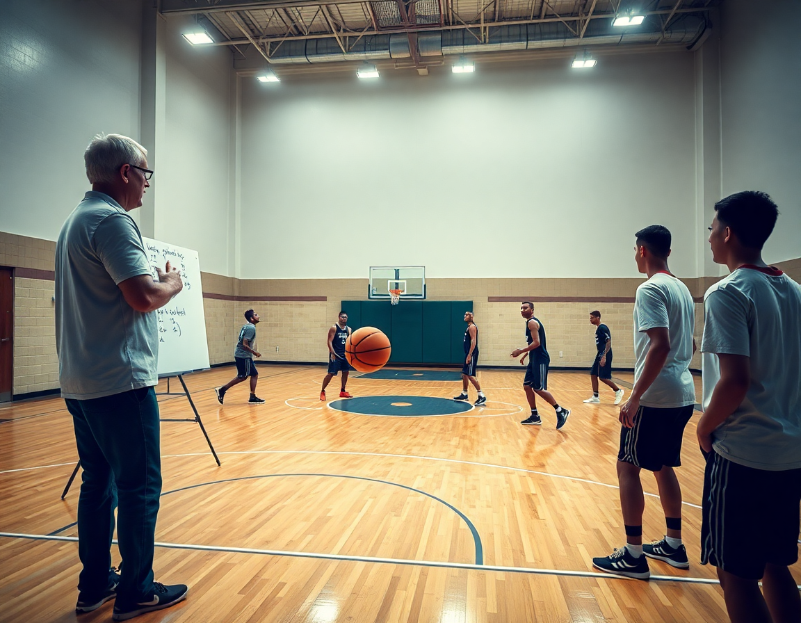 Coach leads basketball practice drills by a whiteboard while players drill passes on the hardwood.