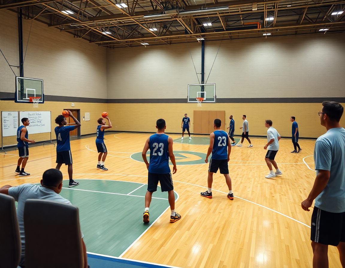 Rotating stations show basketball practice drills during a 90-minute session on the gym floor.