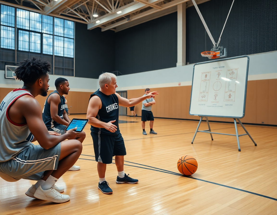 Players study basketball plays from scouting clips while a coach notes basketball practice drills on the whiteboard.