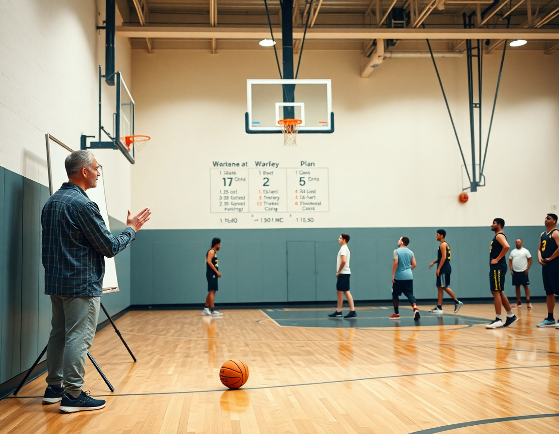 Ground-level view of basketball practice plan example on a weekly whiteboard as players drill.
