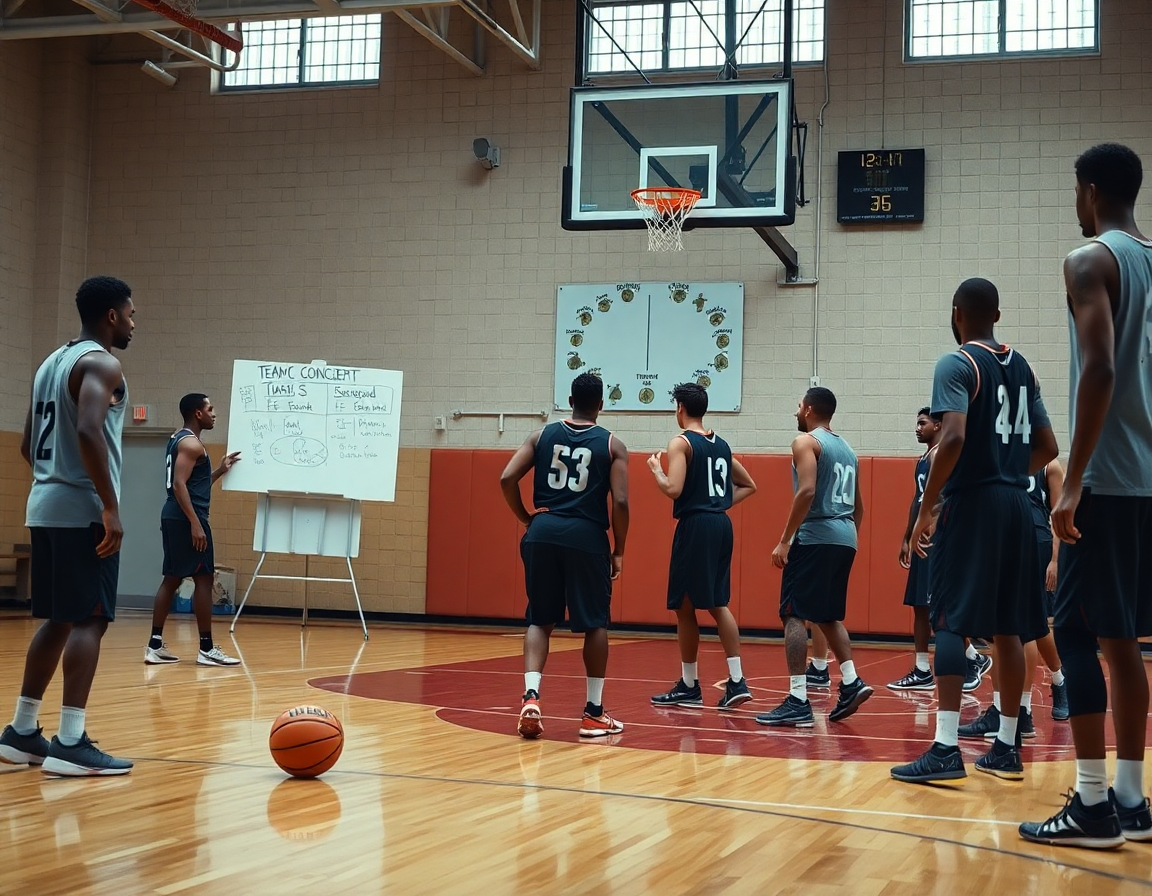 Close-up of basketball practice plan example linked to a team drill amid players on hardwood.