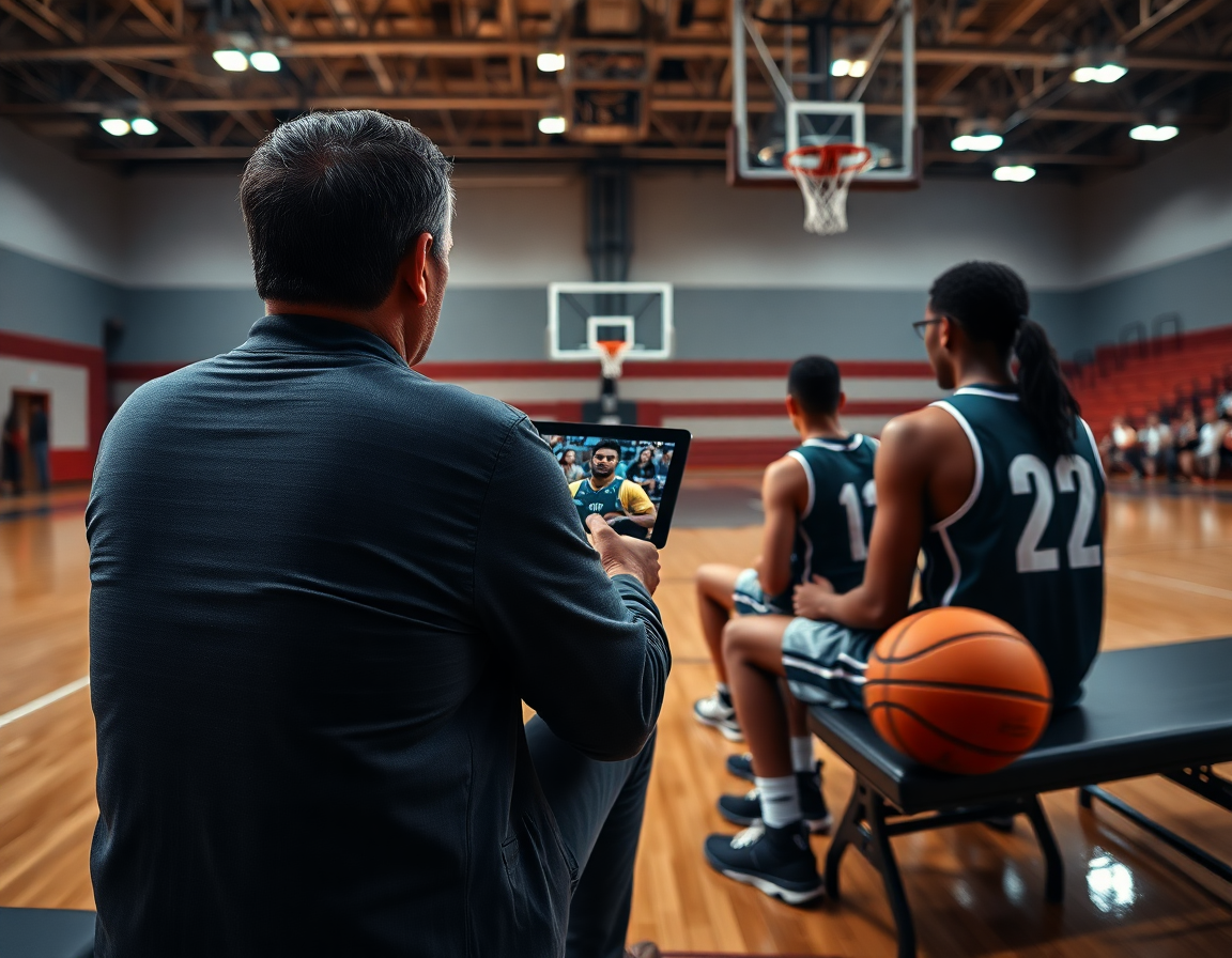 Tablet view shows basketball practice plan example during film session with players watching.