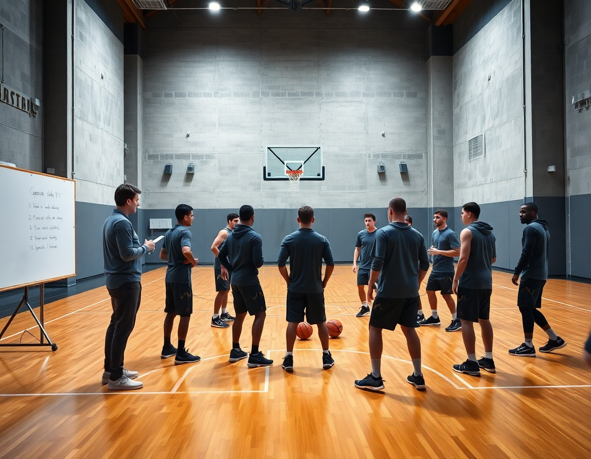 Coach demonstrates basketball practice plan for 7-8 year olds on a whiteboard in a bright gym.