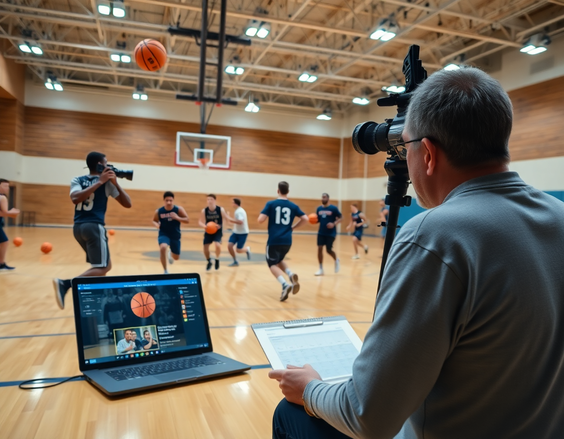 Coach reviews basketball practice plan for 7-8 year olds on a laptop during video session.