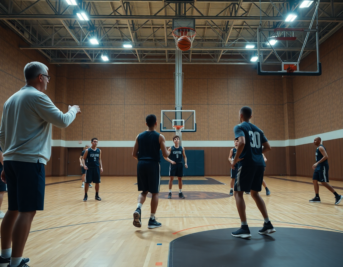 Close-up of basketball practice plan high school drill with the coach guiding players and orange basketballs.