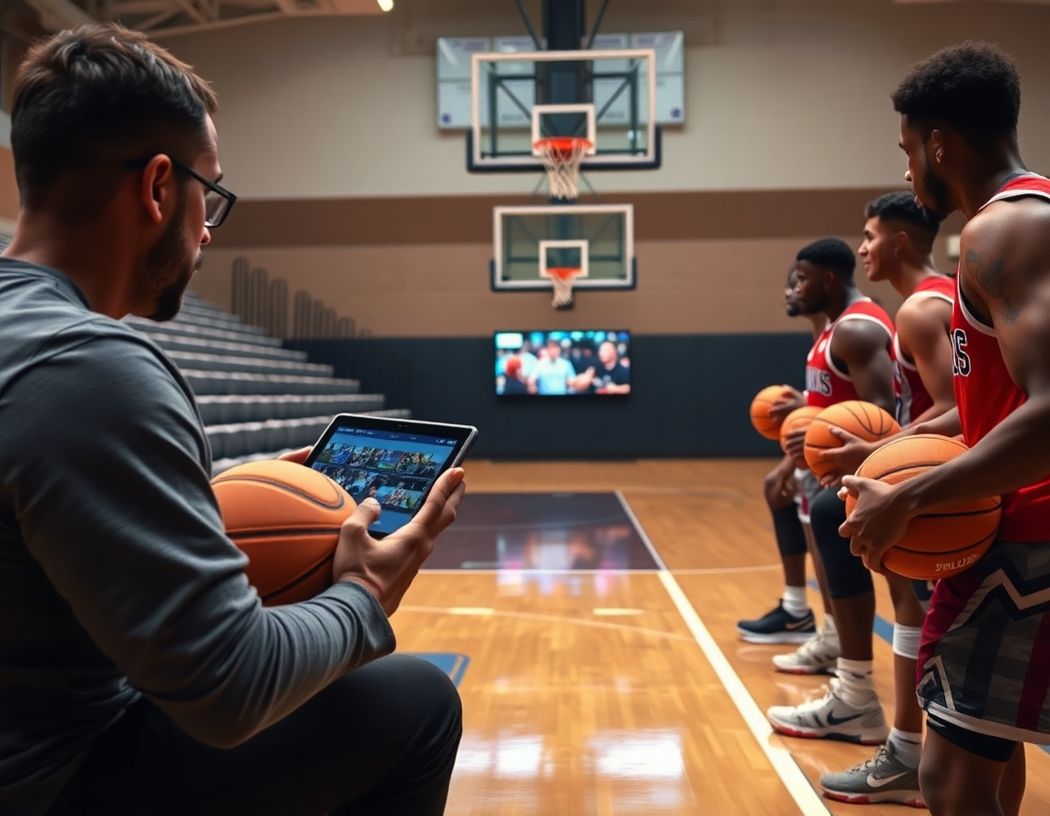 Close-up of basketball practice plan high school film session with a monitor displaying scouting clips and orange basketballs.