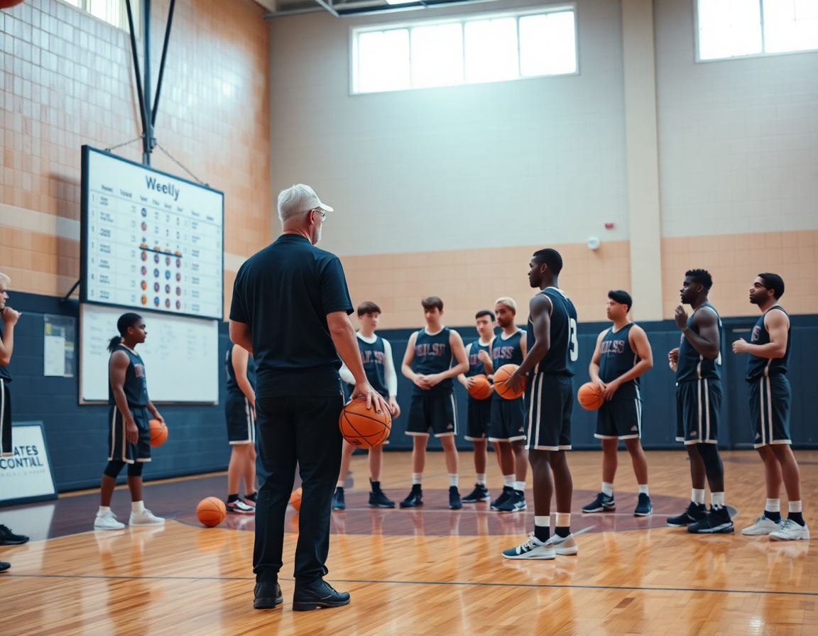 Focused basketball practice plan high school meeting around the whiteboard with players and orange basketballs.