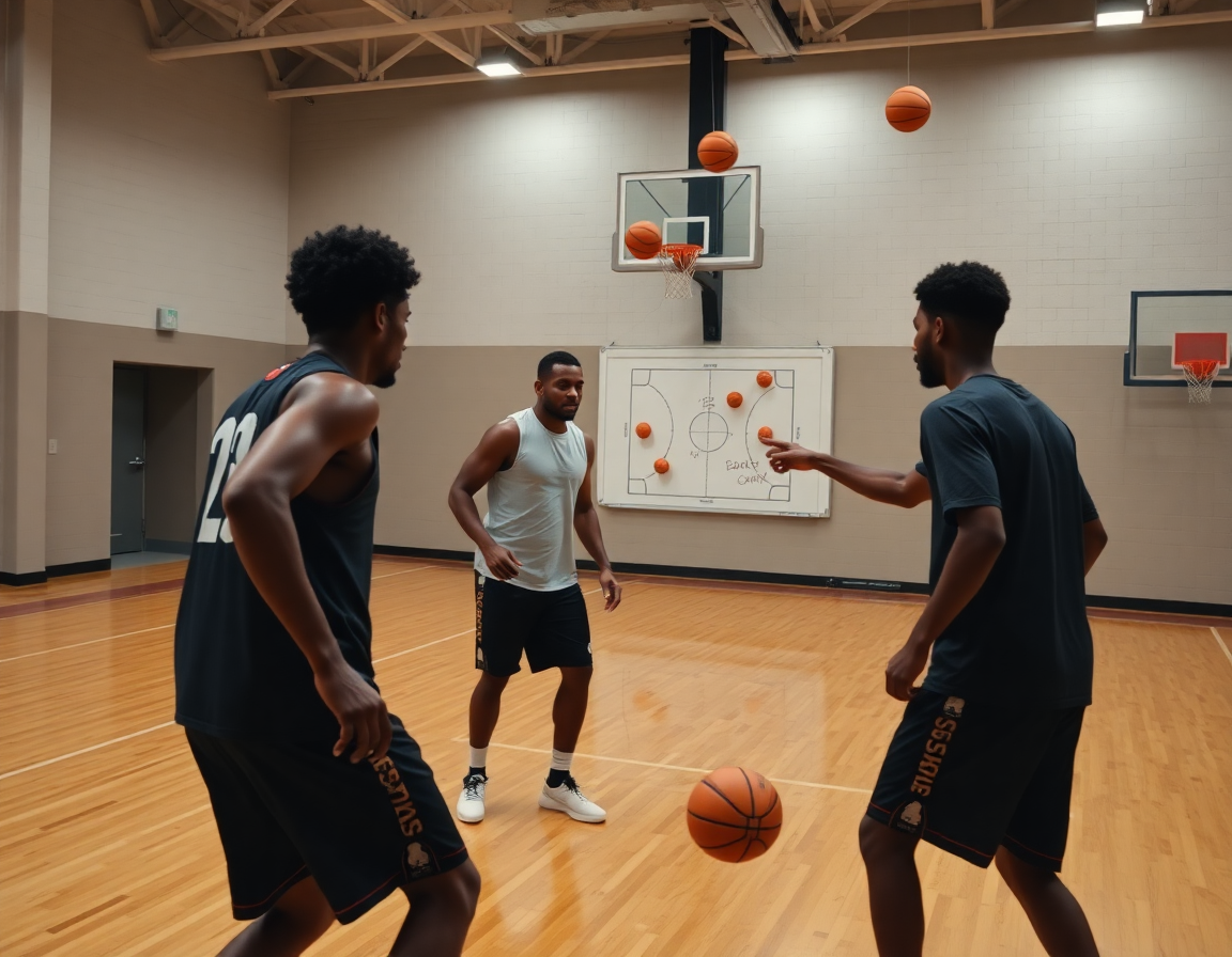 Close-up of hands with a basketball while a coach reviews basketball practice plan pdf on the bench.