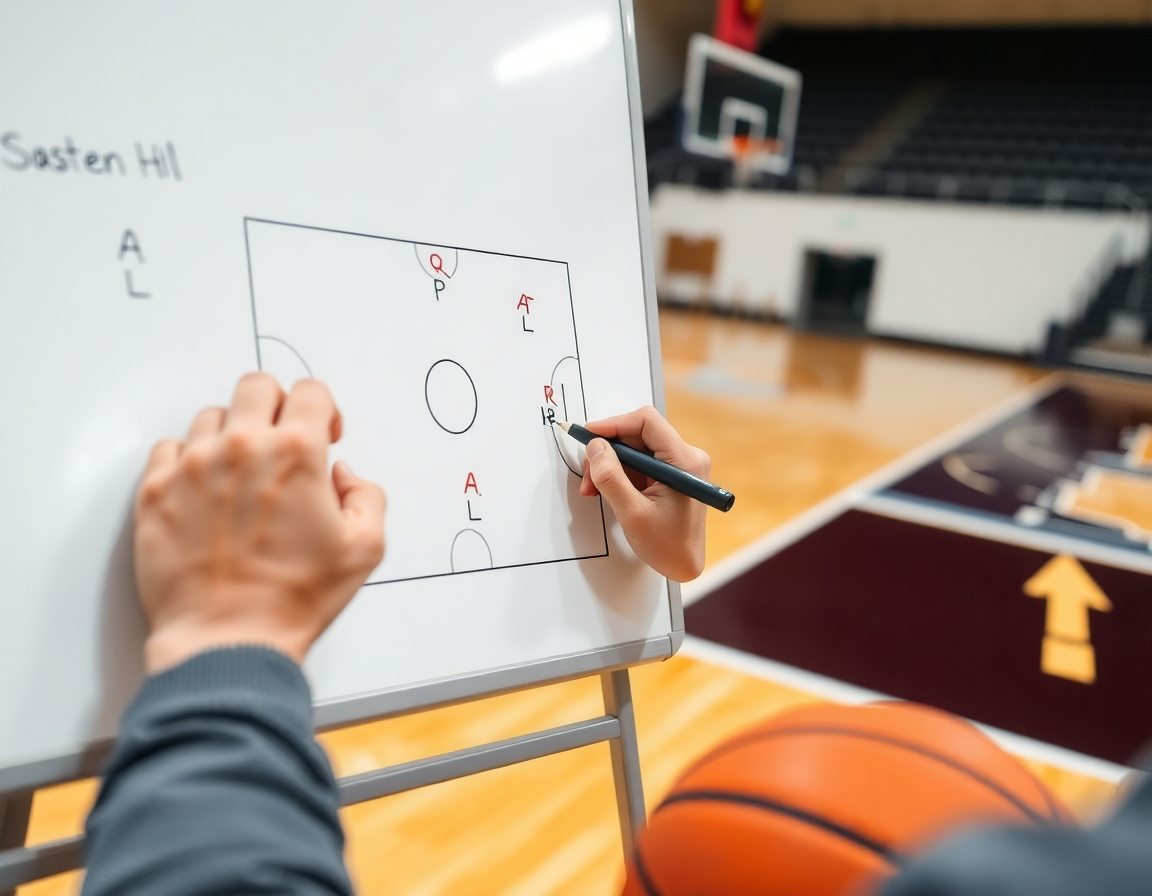 Close-up shot of a basketball play for the basketball practice plan sample on the whiteboard.