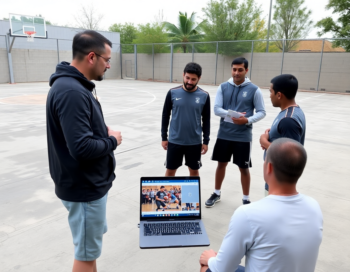 Coach reviews basketball video clips for the basketball practice plan sample with players watching.
