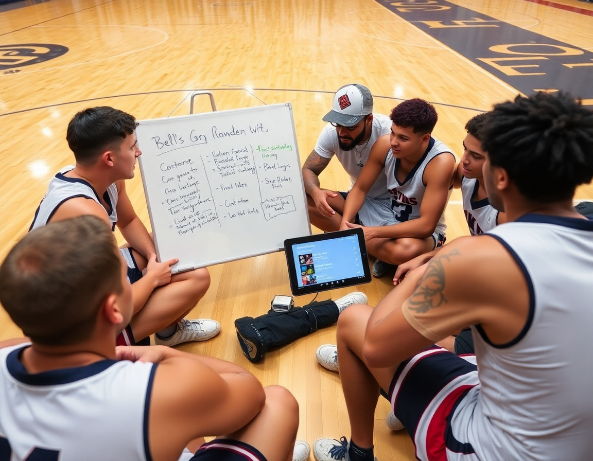 Team huddles around scouting notes for the basketball practice plan sample on the whiteboard.