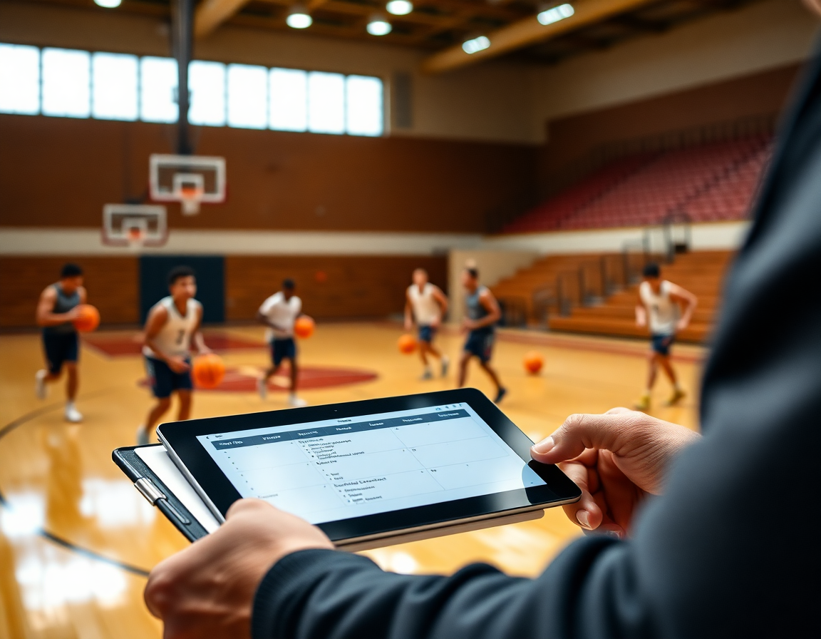 Close-up of clipboard and tablet showing basketball practice plan template excel concept on the court