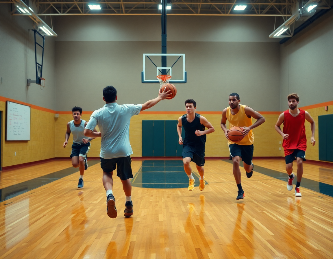 Full-court basketball drill scene with coach guiding players and a whiteboard basketball practice plan template excel in frame