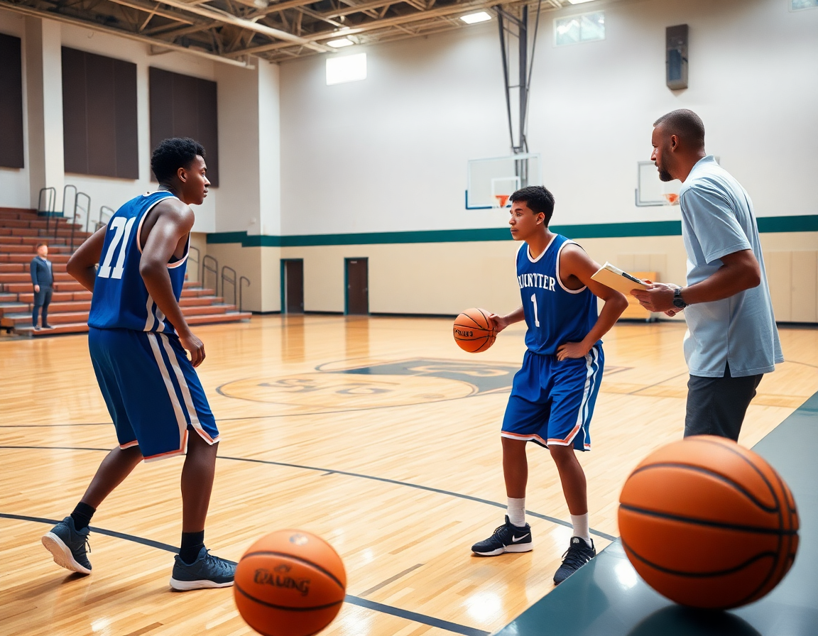 Close-up of a basketball practice plan template on a clipboard during a tight basketball drill.