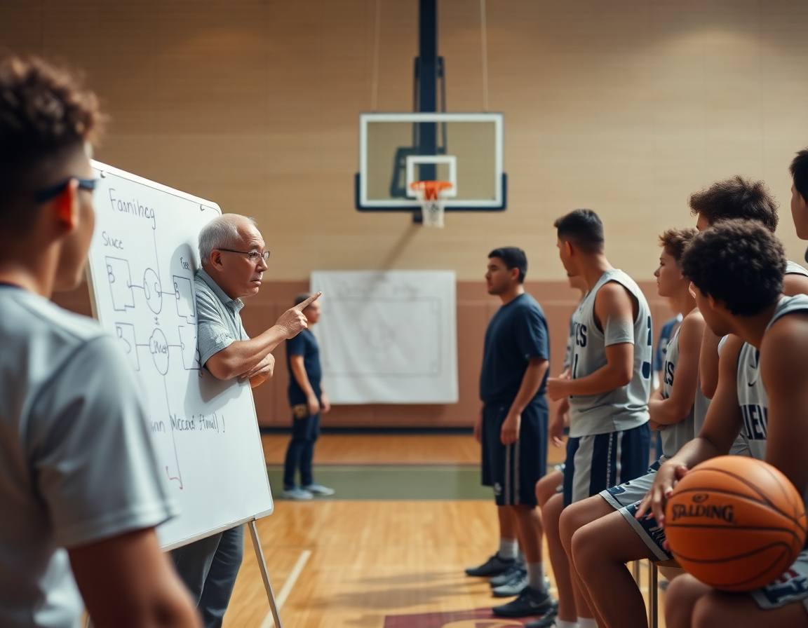 Whiteboard shows a basketball play as players study the basketball practice plan template nearby.