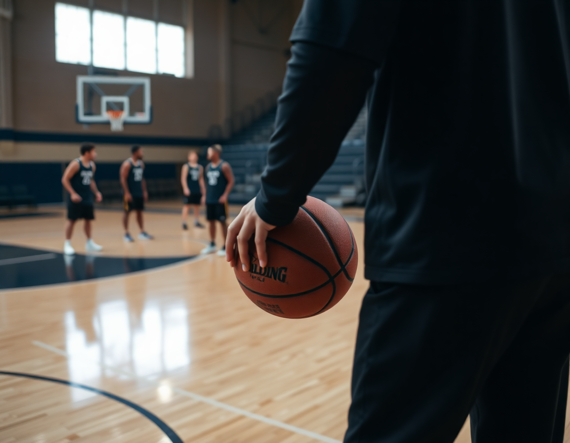 Close-up on hands dribbling a basketball as a coach sketches basketball plays beside the hardwood court.