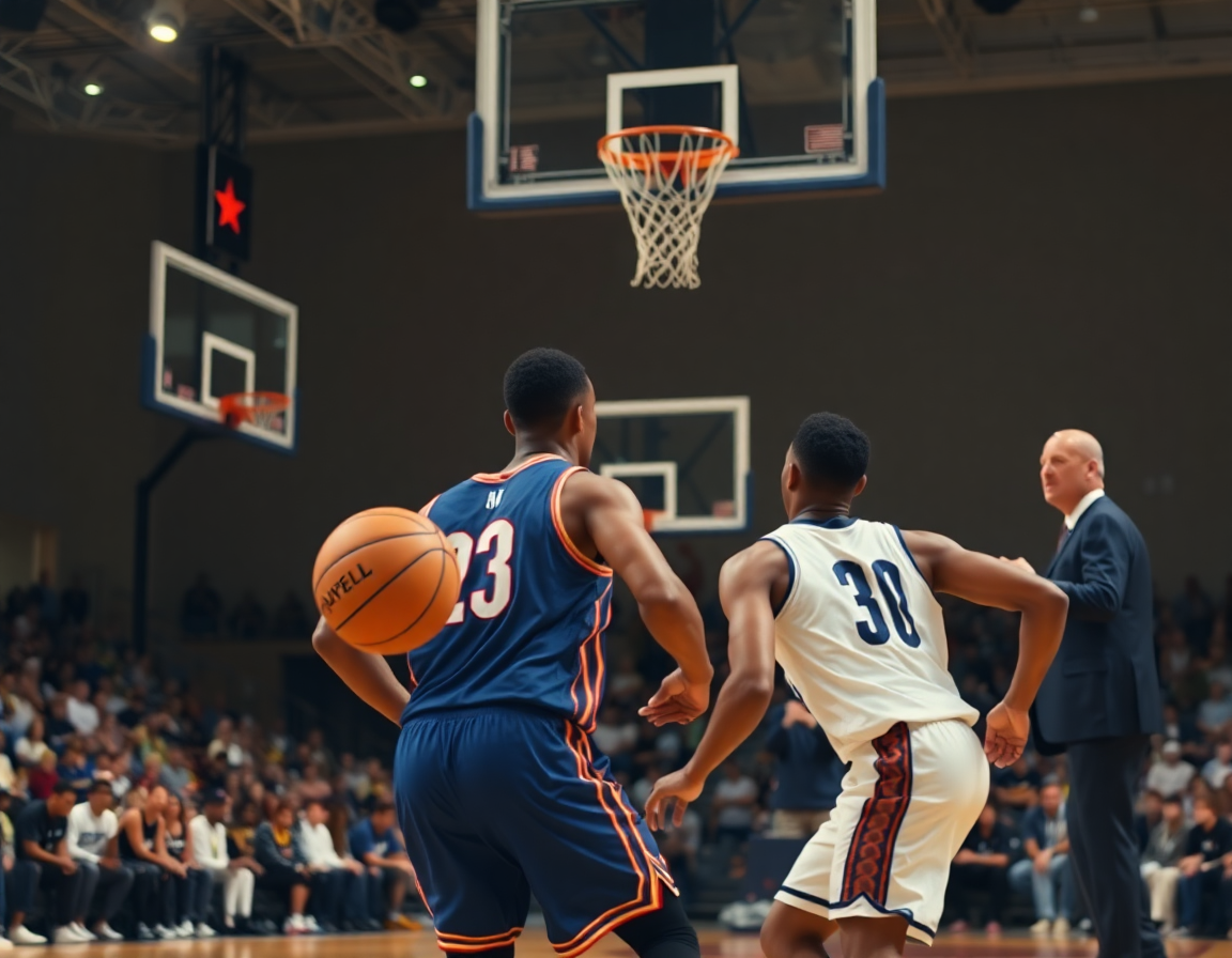 On-court pick-and-roll drill during basketball practice plan session with coach guiding players.