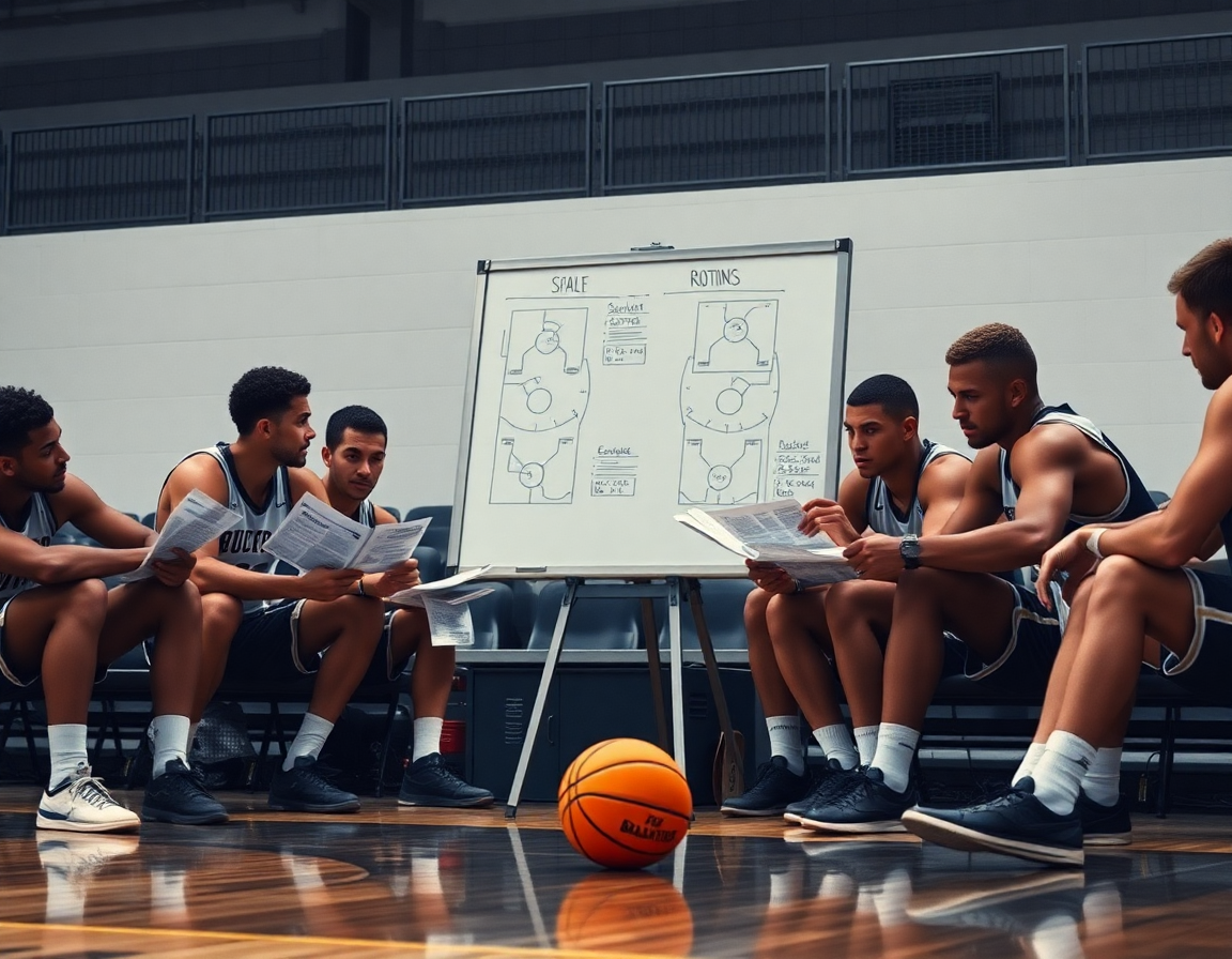 Team reviews opponent scouting reports on court, basketball practice plan details highlighted by coach on the whiteboard.